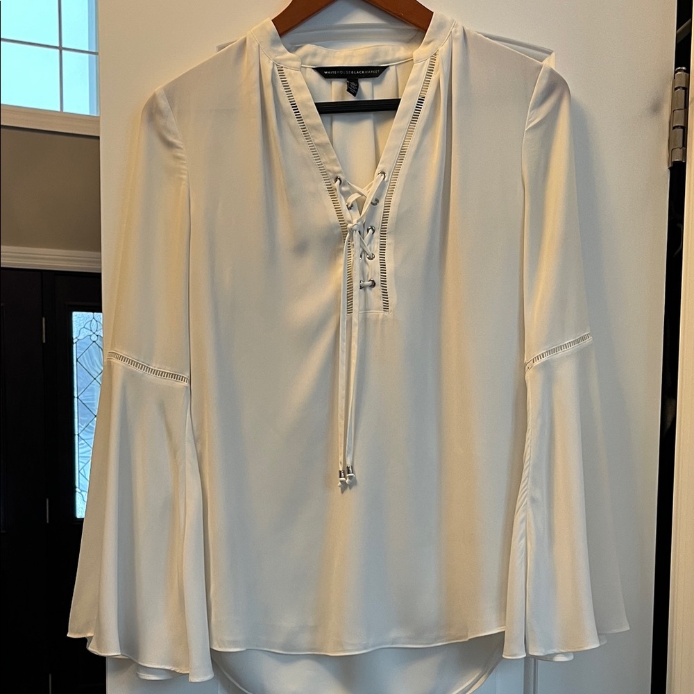 White House Black Market Cream Lace-Up Blouse